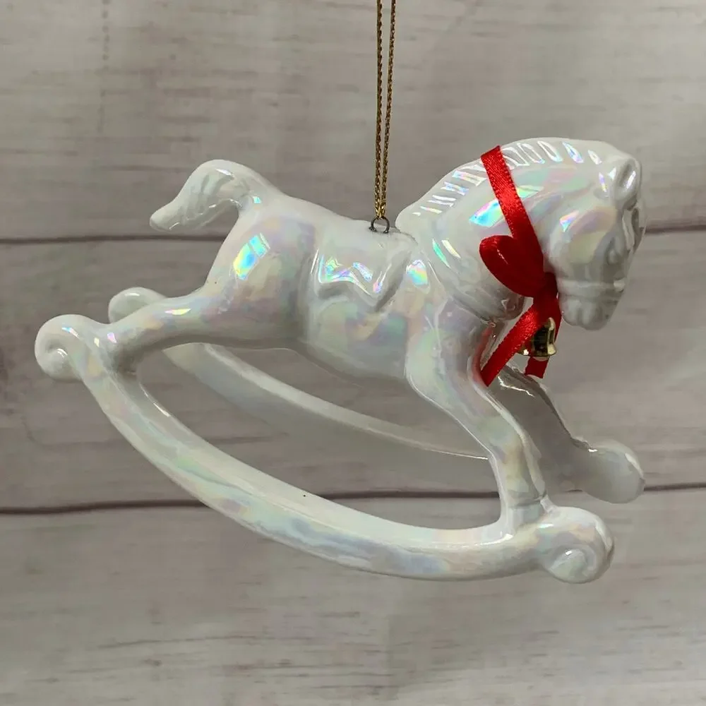 White Iridescent Rocking Horse Ornament with Red Bow and Bell 3 1/4
